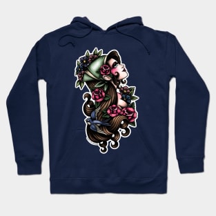 Flower Girl Aerith from Final Fantasy Tactics (FFT & FF7) in American Traditional Tattoo Portrait Style Hoodie